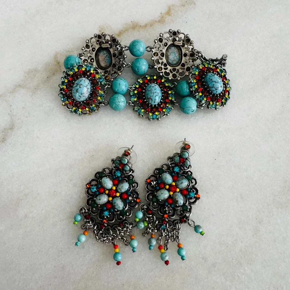 Boho Faux Turquoise Multi-Color Rhinestone Bracelet & Chandelier Earring Set